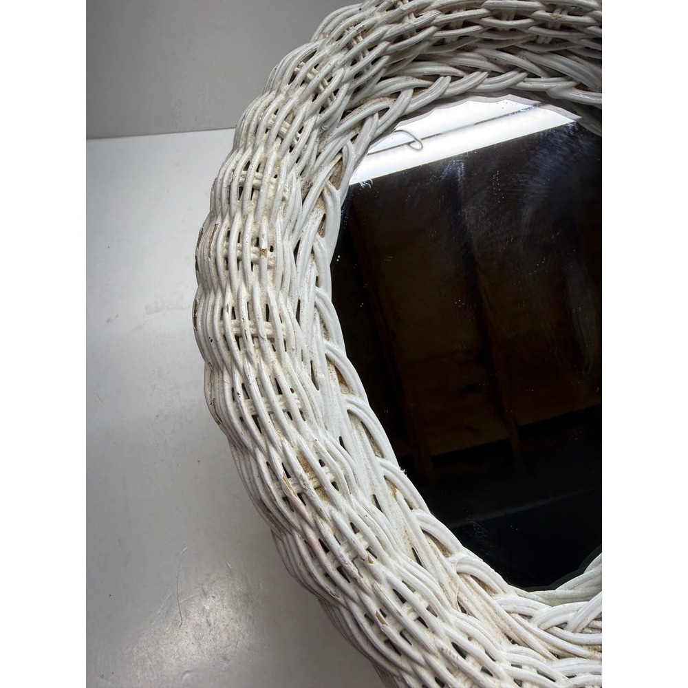 Vintage White Wicker Hand Mirror Woven Rattan Paddle Vanity Mirror Cottagecore - Picture 3 of 10